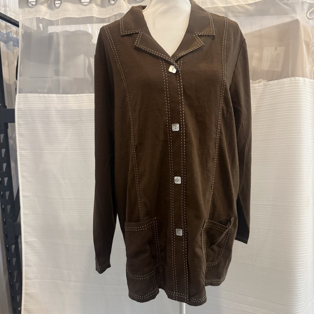 Susan Graver Style Linen Blend Brown Button Front Jacket Large Contrast Stitch